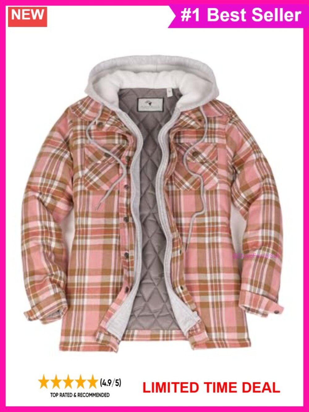 Quilted Lined Flannel Jacket Hood Multi-Pocket Shacket
